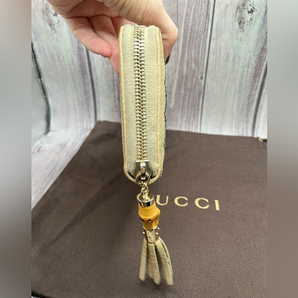 GUCCI Diamante Zip Wallet Leather Canvas Bamboo Tassel Beige & Black w/ Dust Bag - Picture 8 of 15